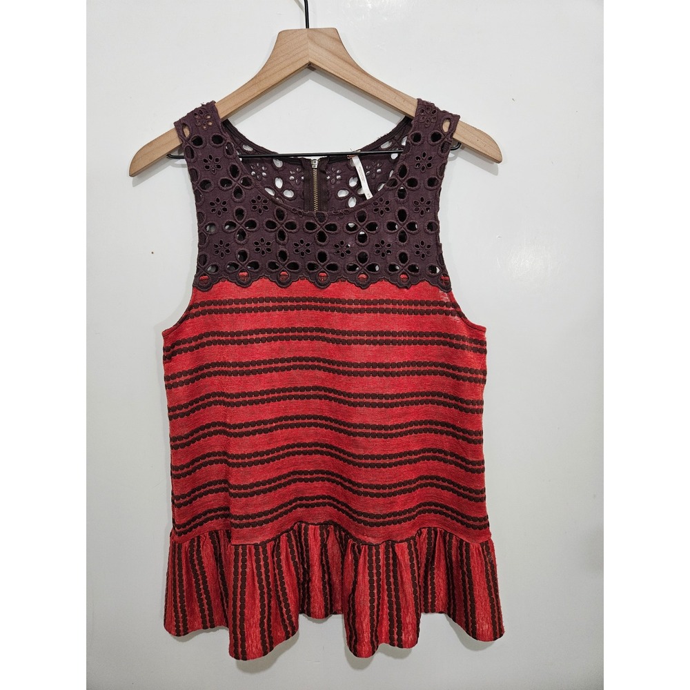 Free People Retro Peplum Top M Red Brown Eyelet Lace Striped 100% Cotton